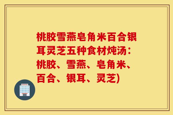 桃胶雪燕皂角米百合银耳灵芝五种食材炖汤：桃胶、雪燕、皂角米、百合、银耳、灵芝)